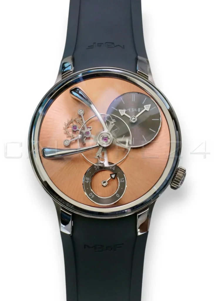 MB&F Legacy Machine 101 EVO salmon CVD dial 40mm titanium 2026 mint front view flying balance wheel