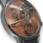 MB&F LM101 EVO salmon CVD dial plate arabesque brushing 14mm flying balance wheel twin mirror arch close-up