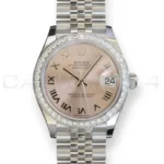 Rolex Datejust 31 278344RBR brand new 2026 — pink sunray Roman dial with applied white gold numerals and date at 3 o'clock