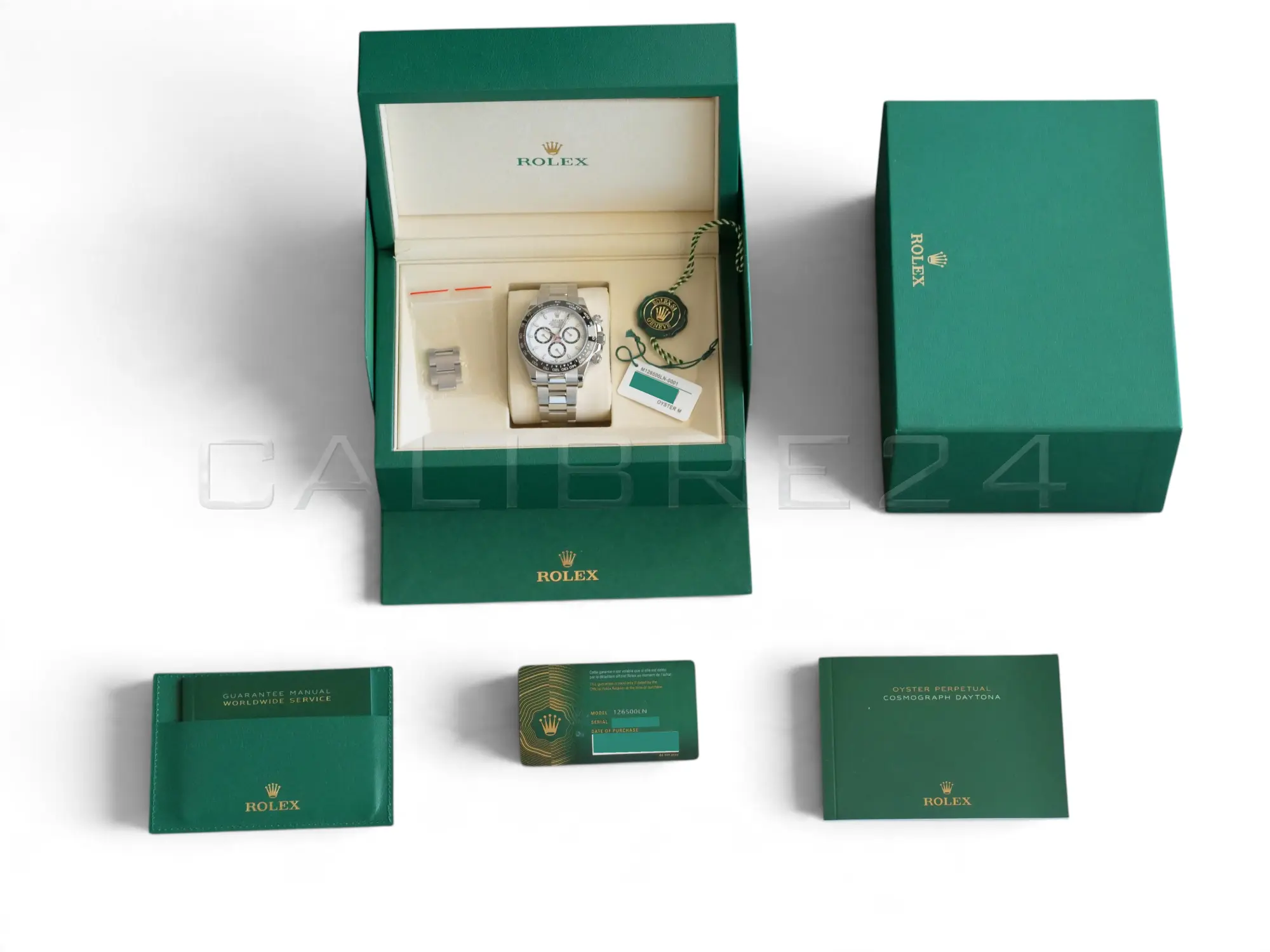 Rolex Cosmograph Daytona Panda 126500LN mint unpolished 2025 white dial black subdials black Cerachrom bezel Oyster bracelet front view full sdet with box and papers and white tag