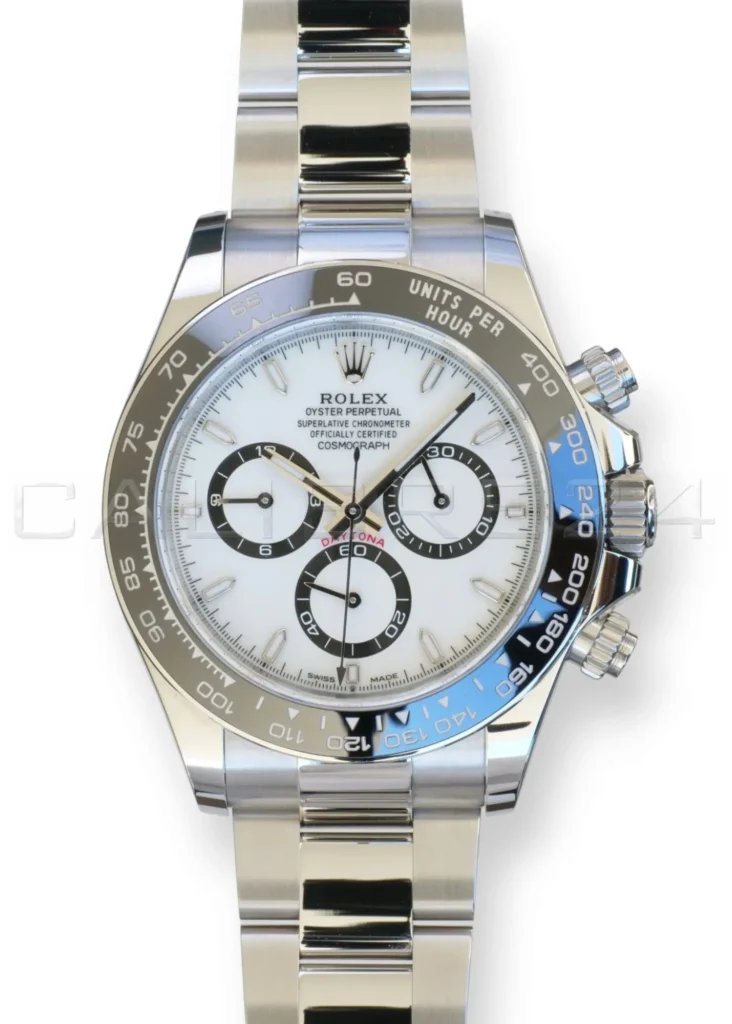 Rolex Cosmograph Daytona Panda 126500LN mint unpolished 2025 white dial black subdials black Cerachrom bezel Oyster bracelet front view