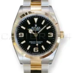 Rolex Explorer 36 Rolesor 124273 two-tone Rolesor Oystersteel yellow gold black dial Oyster bracelet front view NOS 2024
