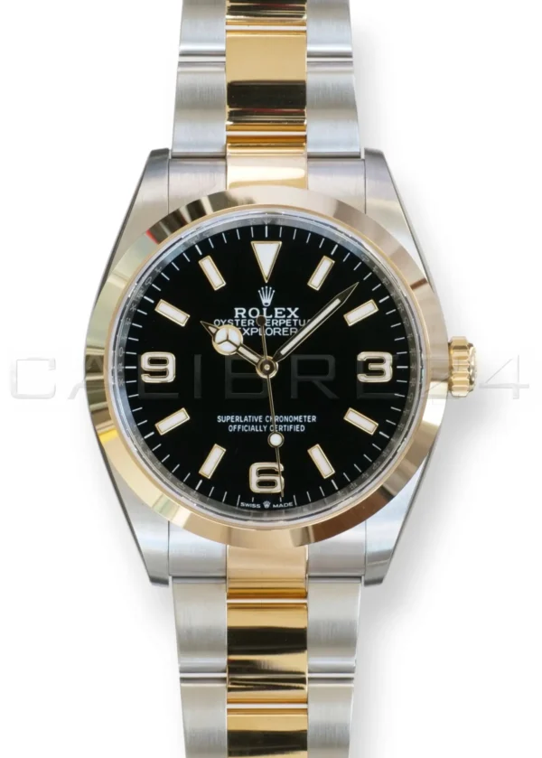 Rolex Explorer 36 Rolesor 124273 two-tone Rolesor Oystersteel yellow gold black dial Oyster bracelet front view NOS 2024