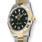 Rolex Explorer 36 124273 two-tone Rolesor Oystersteel yellow gold black dial Oyster bracelet front view NOS 2024