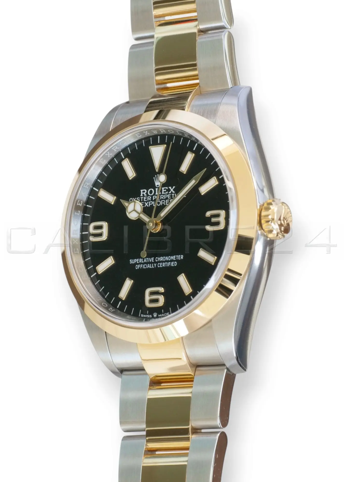 Rolex Explorer 36 124273 two-tone Rolesor Oystersteel yellow gold black dial Oyster bracelet front view NOS 2024