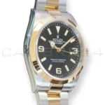 Rolex Explorer 36 124273 two-tone Rolesor Oystersteel yellow gold black dial Oyster bracelet front view NOS 2024
