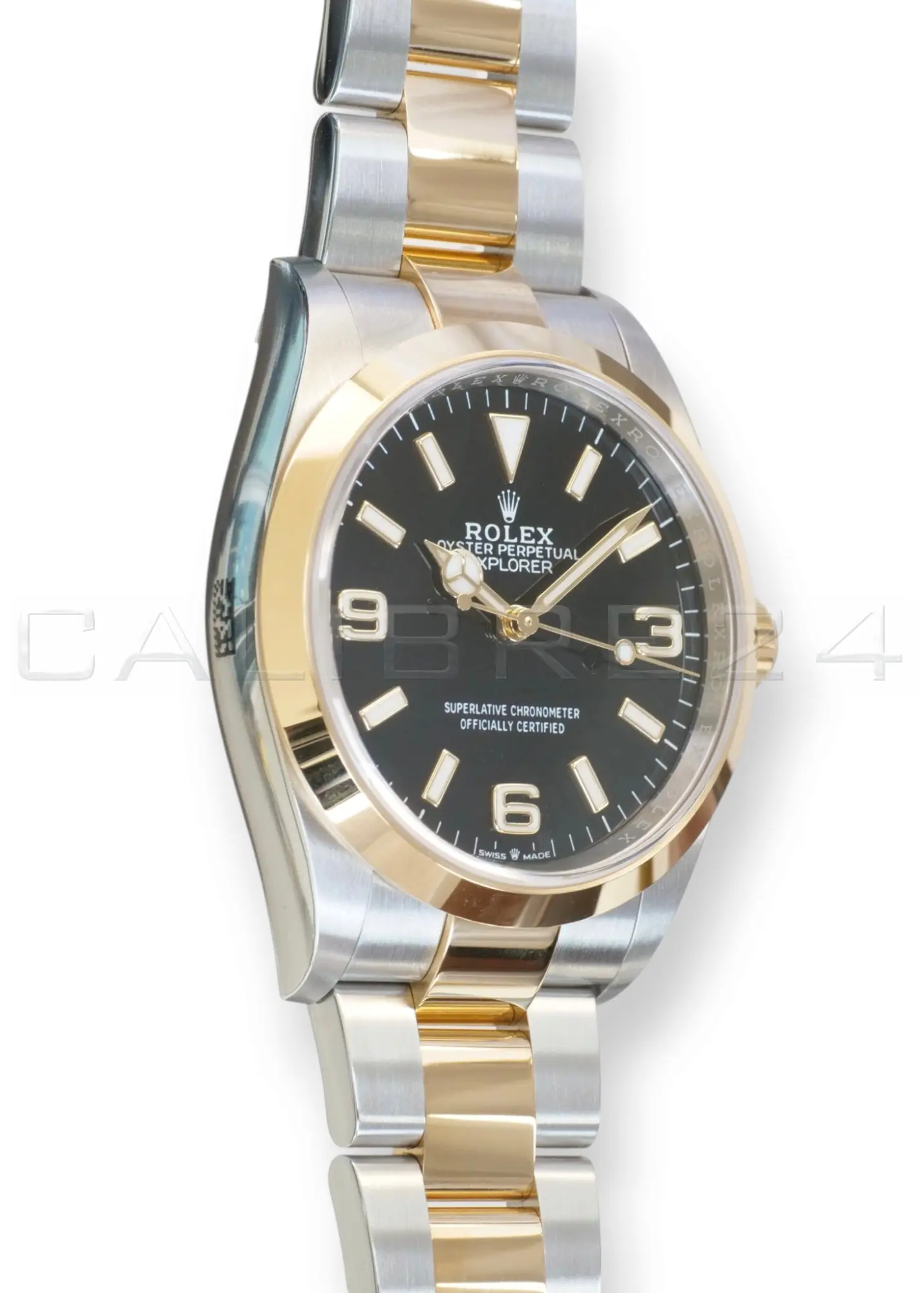 Rolex Explorer 36 124273 two-tone Rolesor Oystersteel yellow gold black dial Oyster bracelet front view NOS 2024