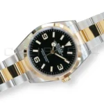 Rolex Explorer 36 124273 two-tone Rolesor Oystersteel yellow gold black dial Oyster bracelet front view NOS 2024