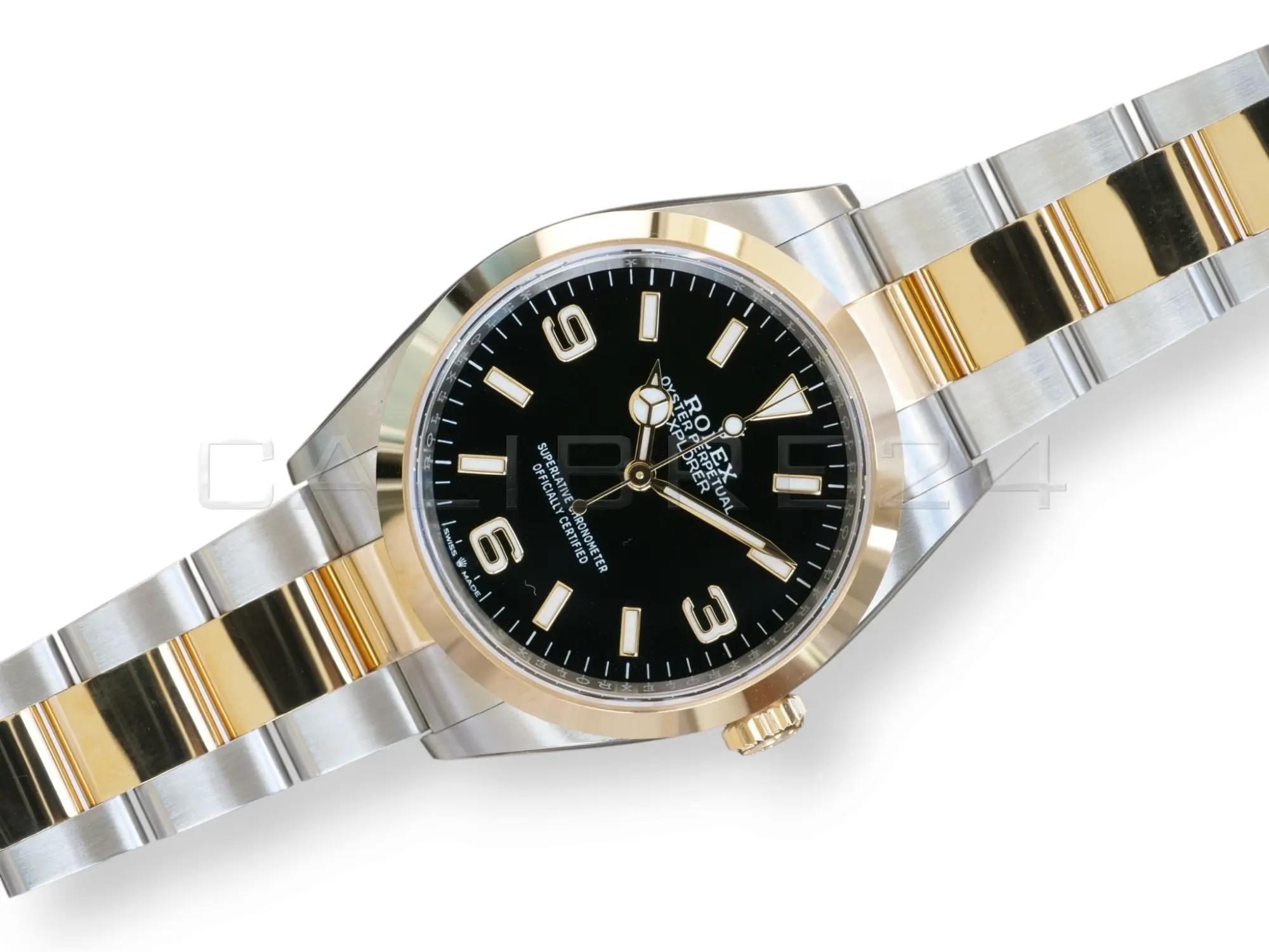 Rolex Explorer 36 124273 two-tone Rolesor Oystersteel yellow gold black dial Oyster bracelet front view NOS 2024