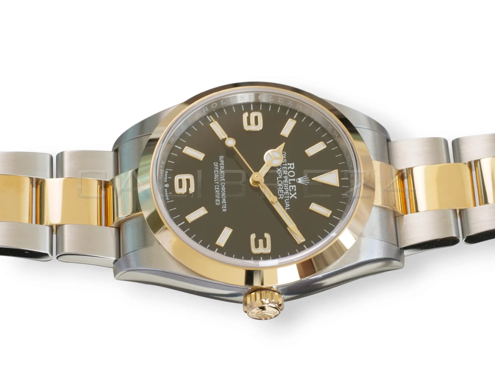 Rolex Explorer 36 124273 two-tone Rolesor Oystersteel yellow gold black dial Oyster bracelet front view NOS 2024