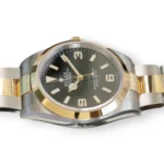 Rolex Explorer 36 124273 two-tone Rolesor Oystersteel yellow gold black dial Oyster bracelet front view NOS 2024