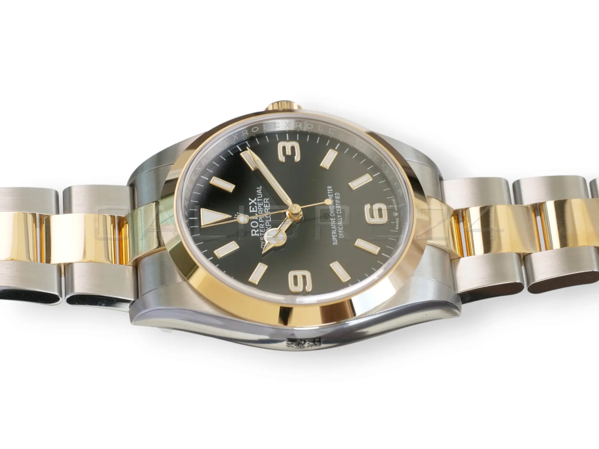Rolex Explorer 36 124273 two-tone Rolesor Oystersteel yellow gold black dial Oyster bracelet front view NOS 2024